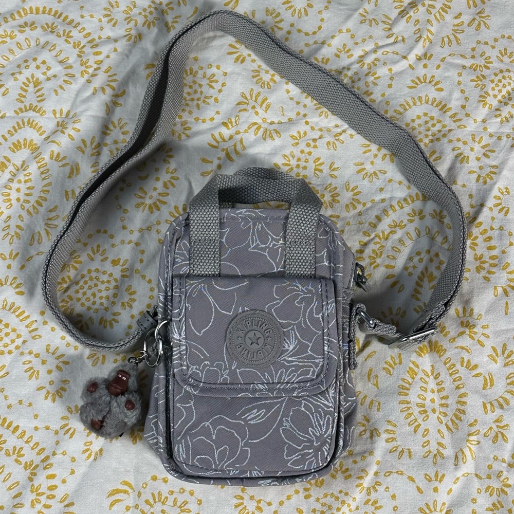 KIPLING dalya grey white floral essentials mini crossbody bag.